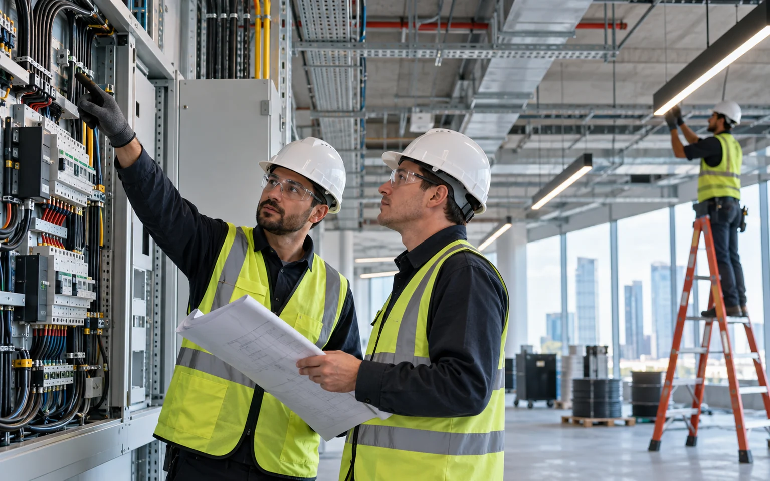Electrical installation team reviewing a technical project requirement