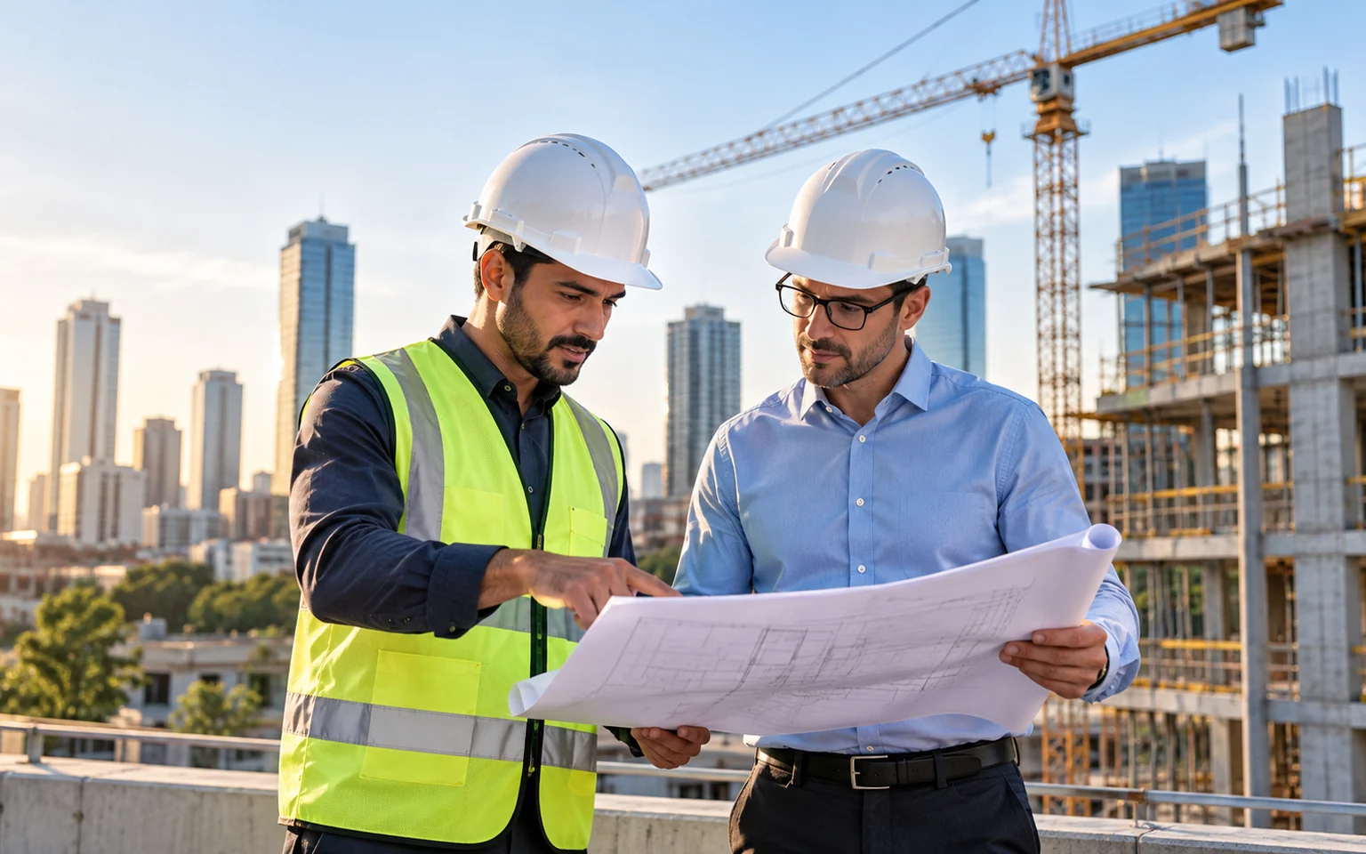 Engineers reviewing project drawings at a construction site